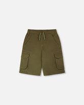 Bermuda en twill extensible avec poches cargo vert kaki foncé